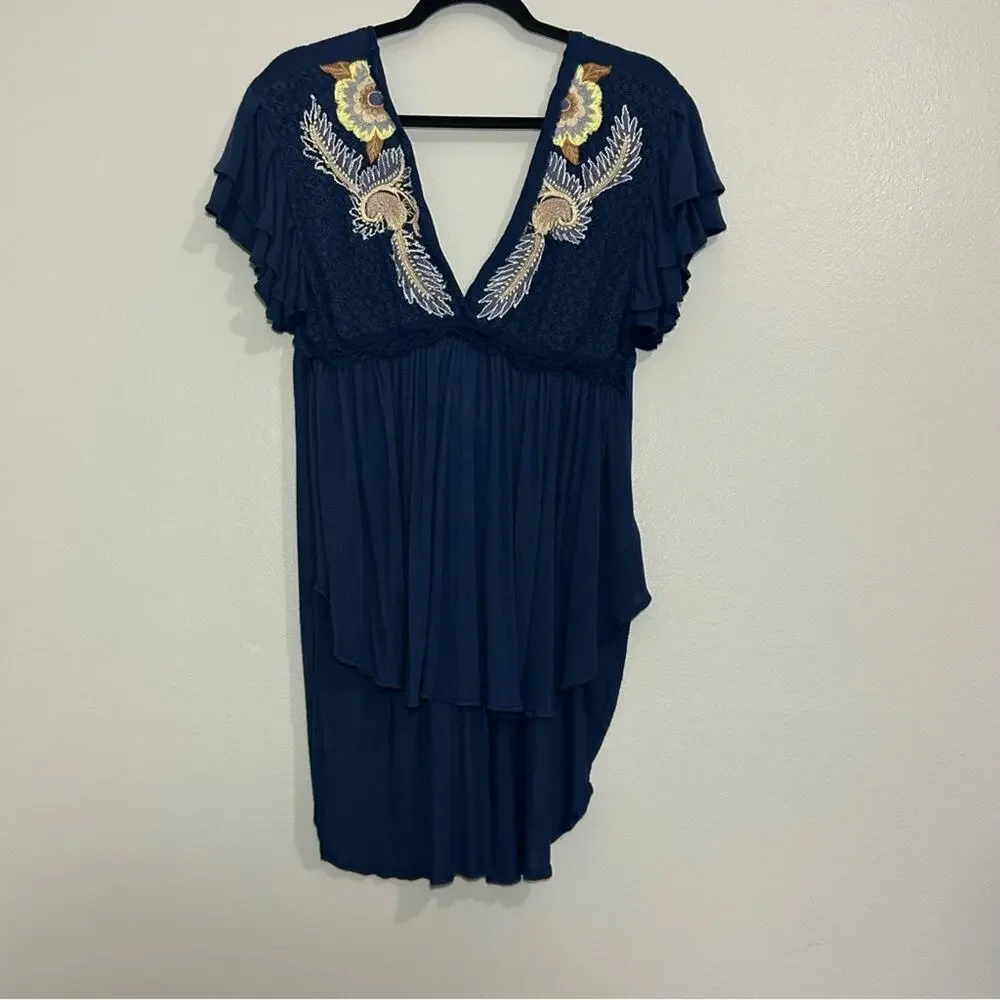 Free People Fiesta Nueva Tunic Top Embroidered Open-Back Blue Size Small
